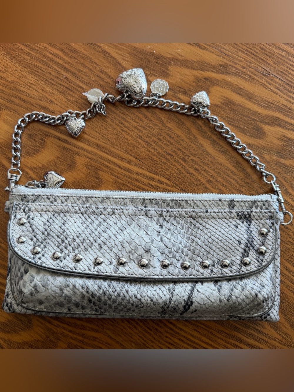 Y2K Vintage Studded Silver Snake-Embossed Chain Shoulder Bag with Heart Charms